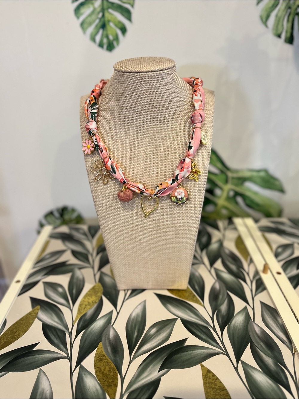 Pink Floral Charm Scarf Necklace - Women's Jewelry
